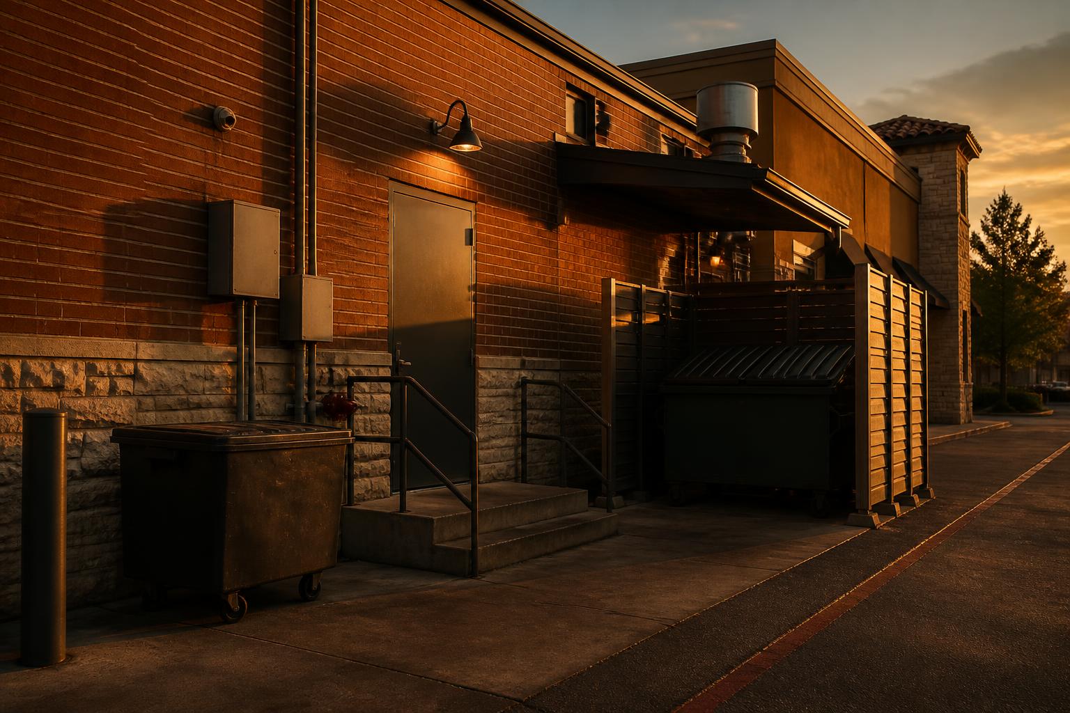 Commercial restaurant back-of-house exterior with dumpster enclosure and service door at golden hour