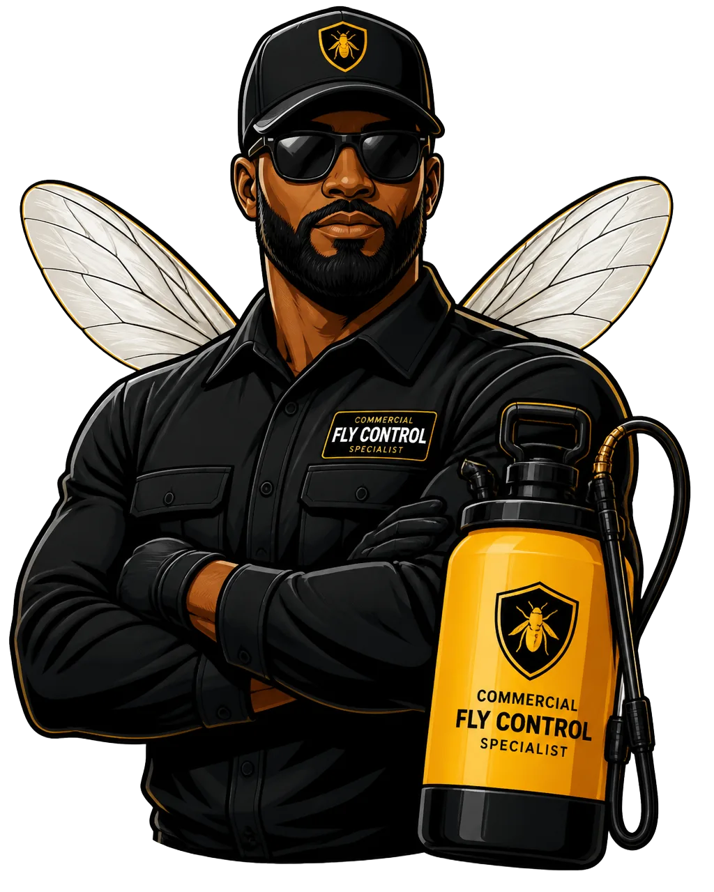 The Fly Guy — a professional commercial fly control specialist in black uniform, cap and sunglasses holding a yellow service tank