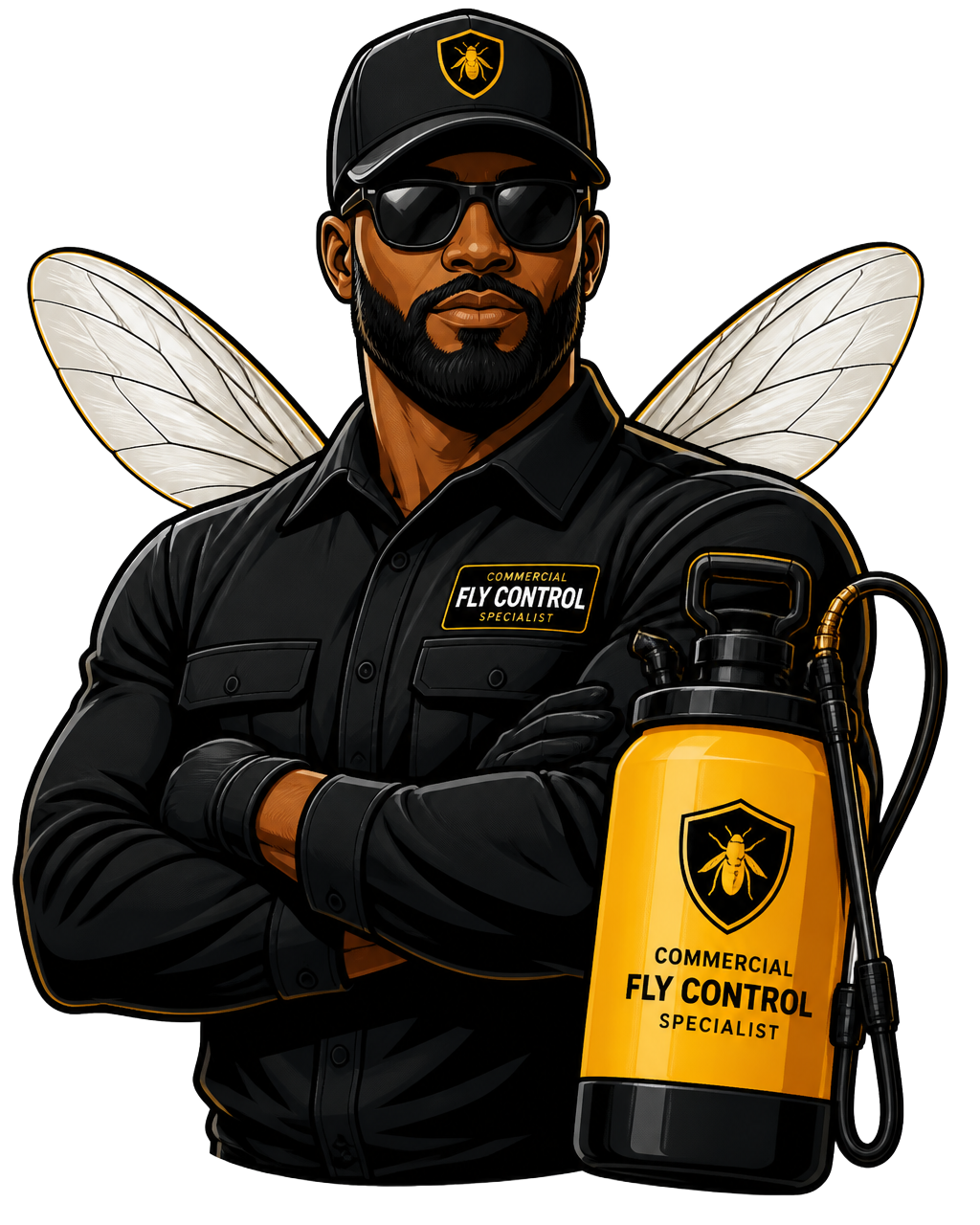 The Fly Guy — a professional commercial fly control specialist in black uniform, cap and sunglasses holding a yellow service tank